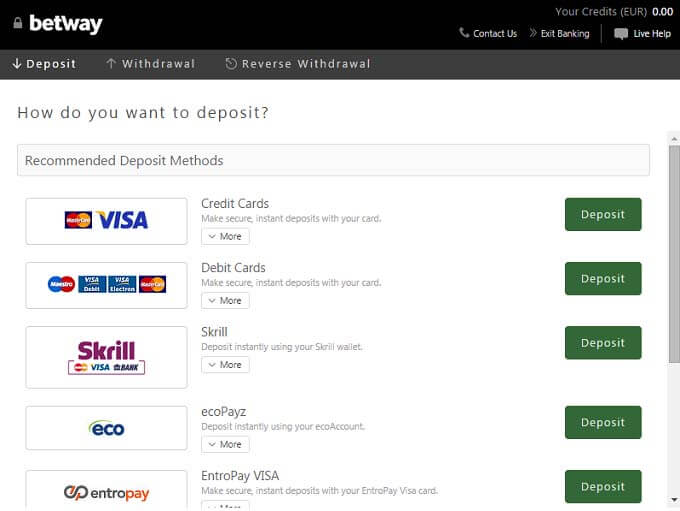 Betway Banking Methods